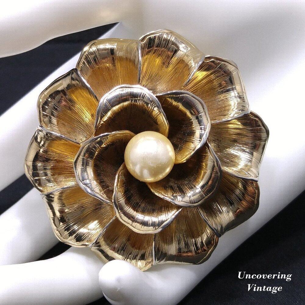 Vintage Flower Gold Plated Brooch, Faux Pearl Center, 1960s, 2 3/8 Inches
